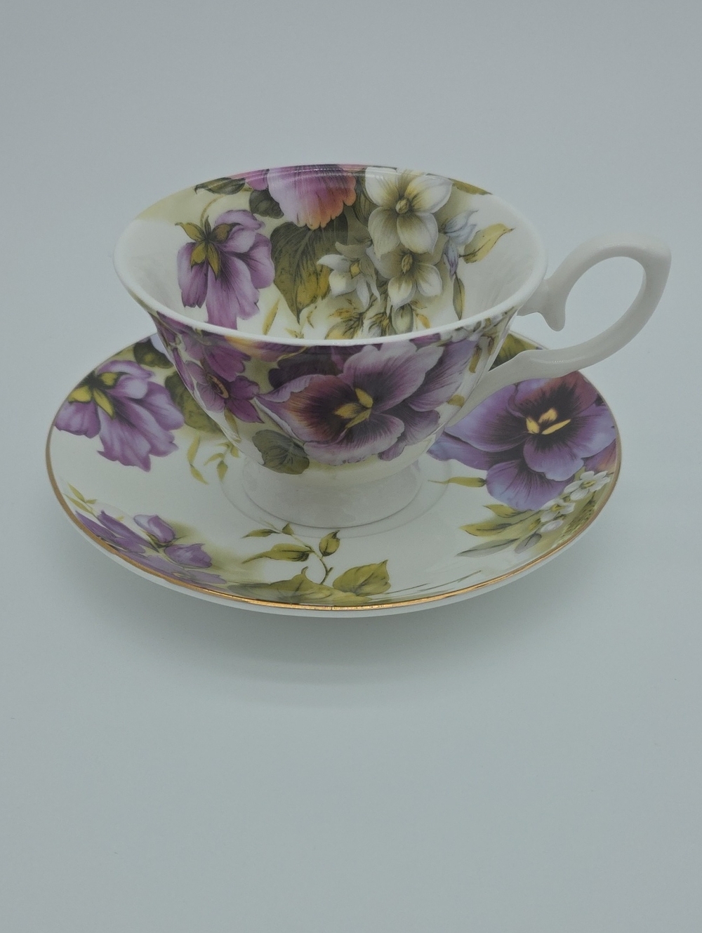 Gracie Bone China Teacup and Saucer Set Purple Pansy Floral Pattern